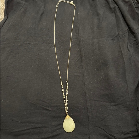 Long Pearl & Gold Chain Necklace with Large Teardrop Stone Pendant - Picture 2 of 3